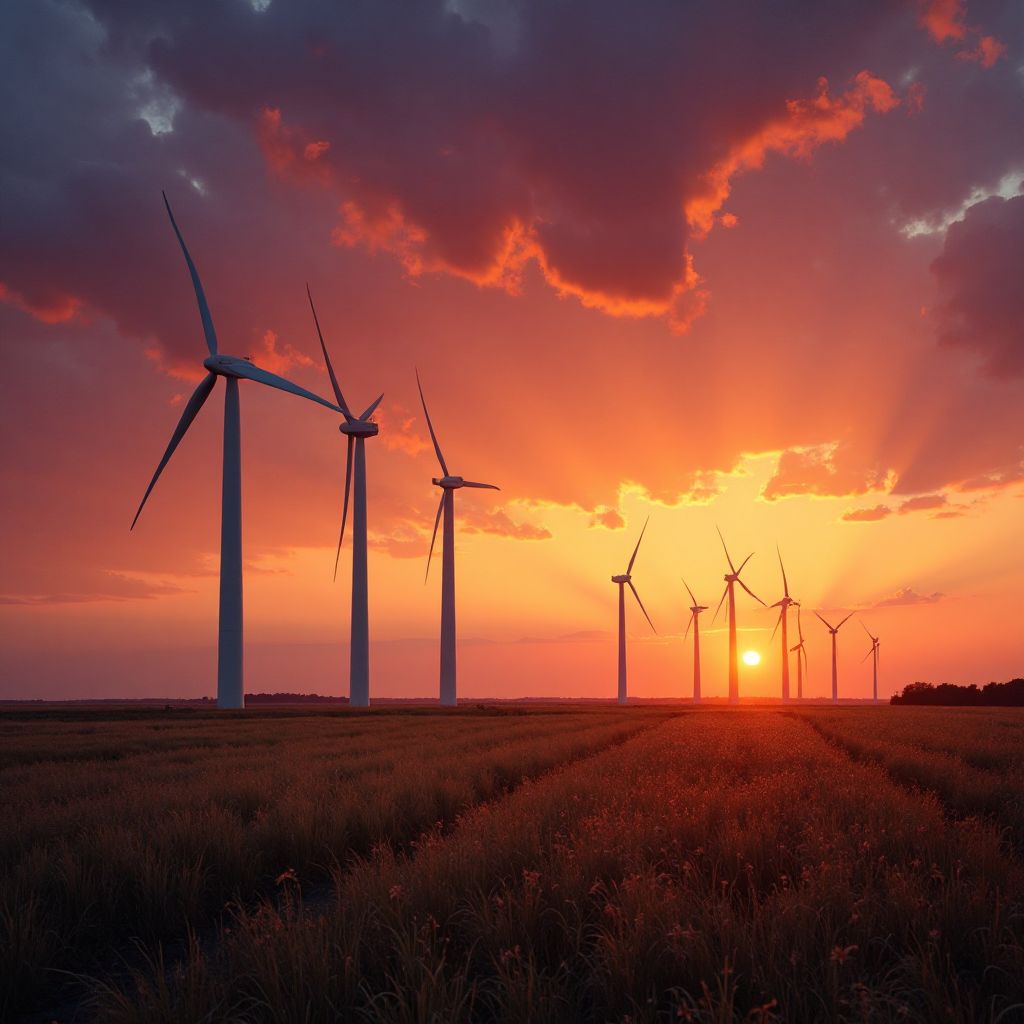 Wind turbine farm at sunset